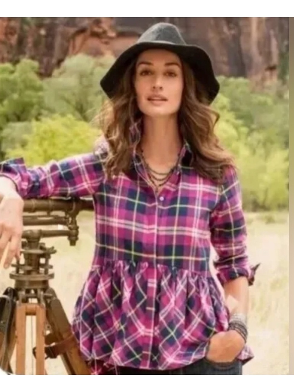 Sundance Hayden Creek Cotton Plaid Peplum Flannel L